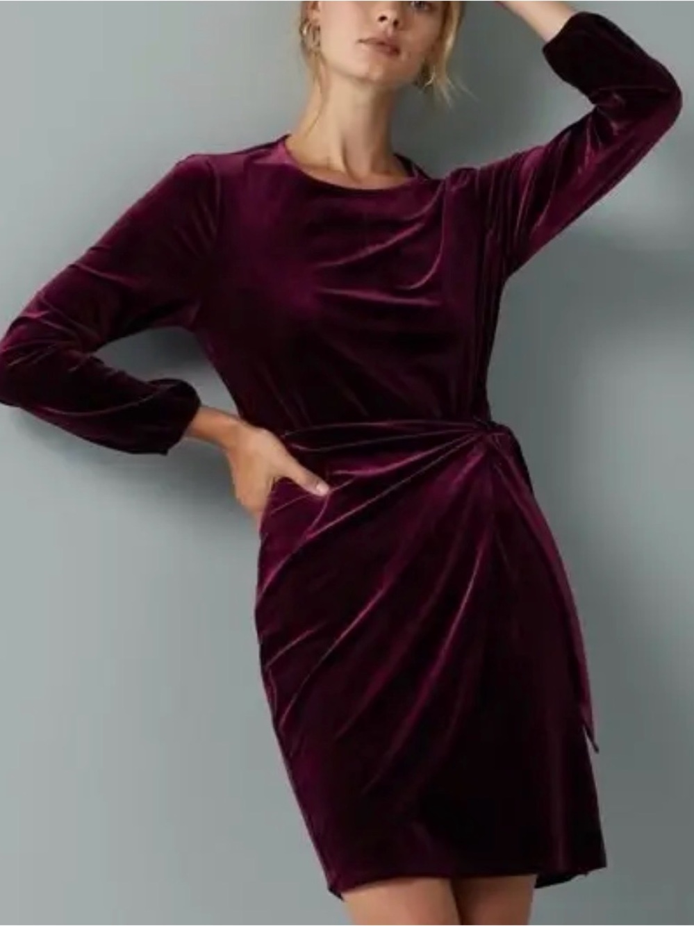 Velvet Twist-Waist Long Sleeve Dress - Plum